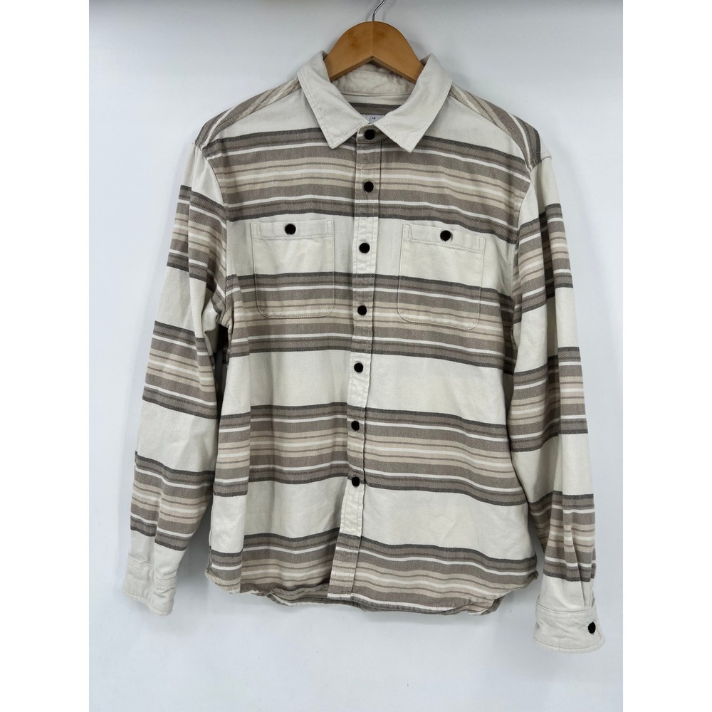 Katin USA Men Large Cream Brown Stripe Long Sleeve Flannel Button Down Shirt